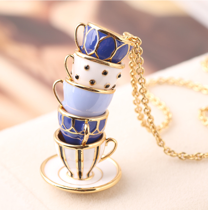 Tea Cups Necklace - Classic Blue