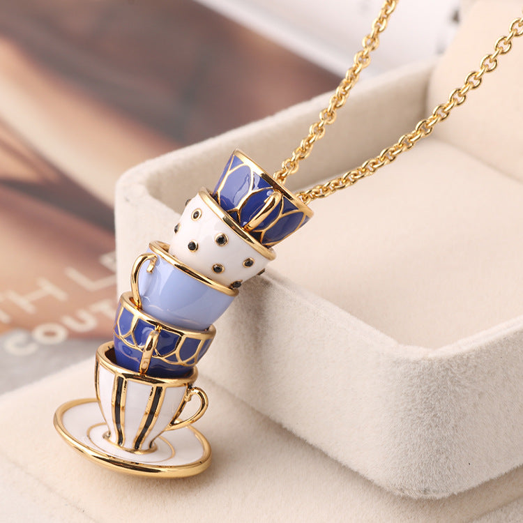 Tea Cups Necklace - Classic Blue