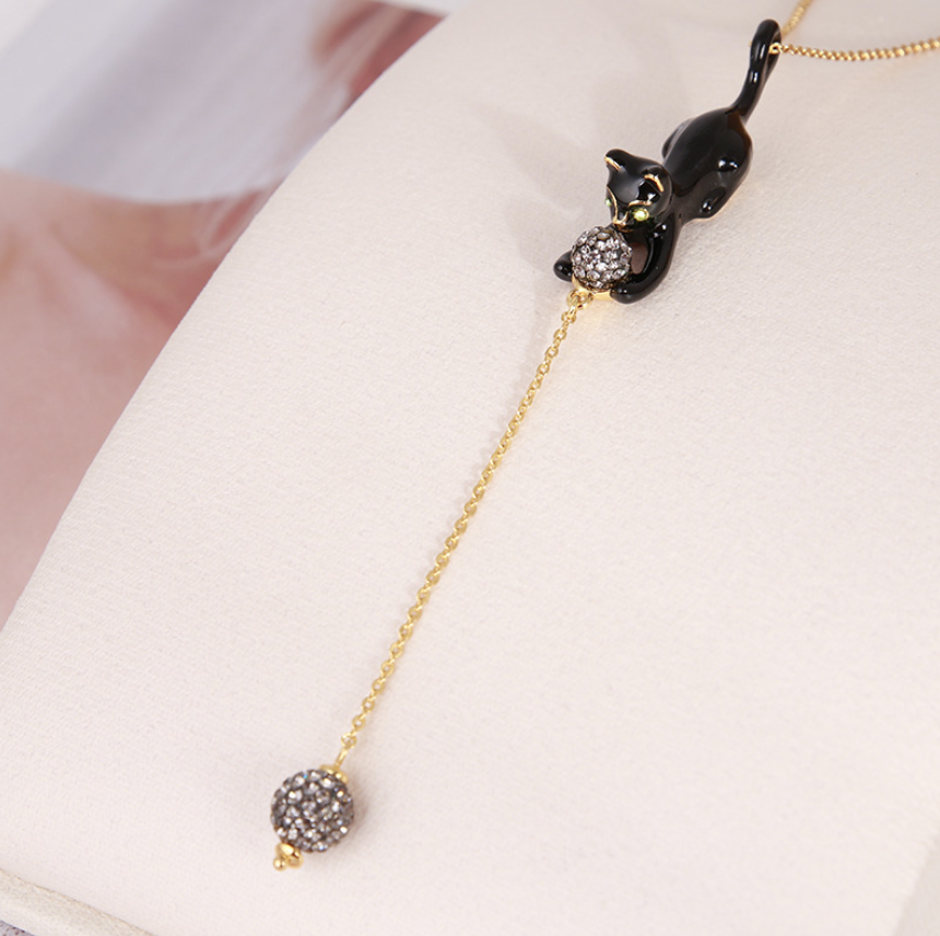 Black Cat and Diamond Balls Necklace