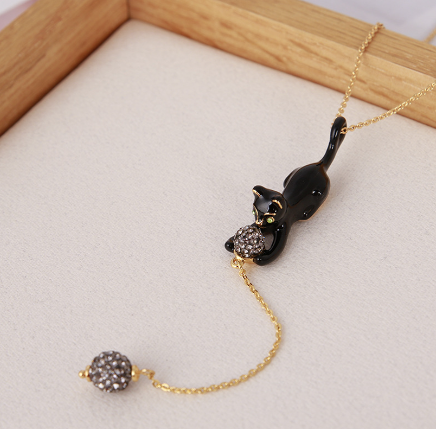 Black Cat and Diamond Balls Necklace