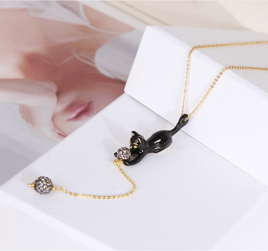 Black Cat and Diamond Balls Necklace