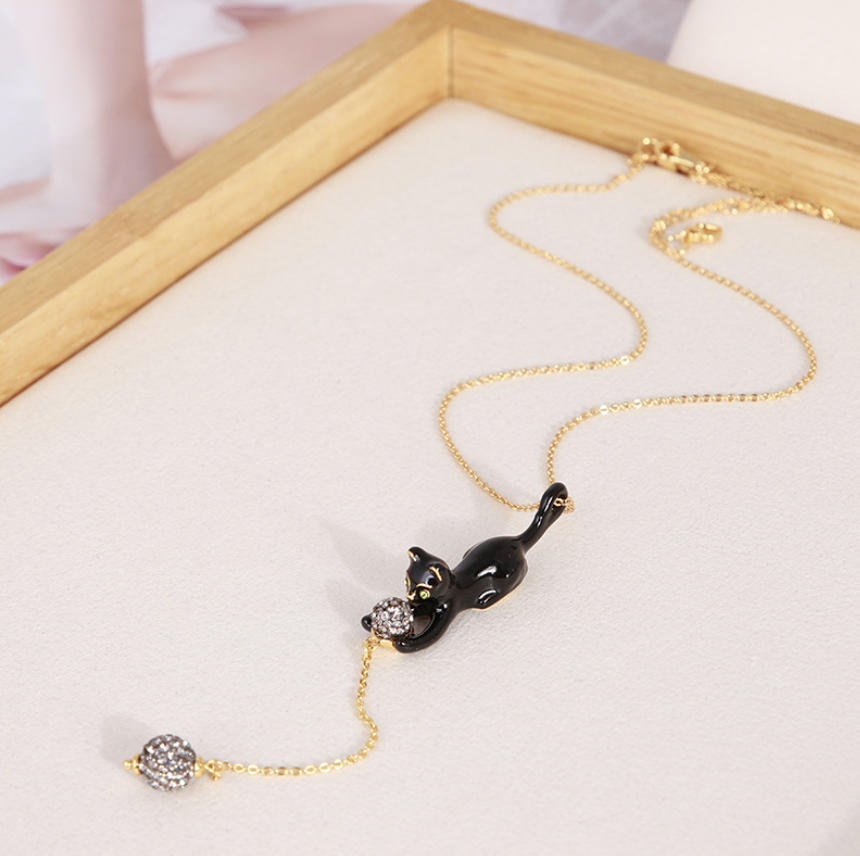 Black Cat and Diamond Balls Necklace