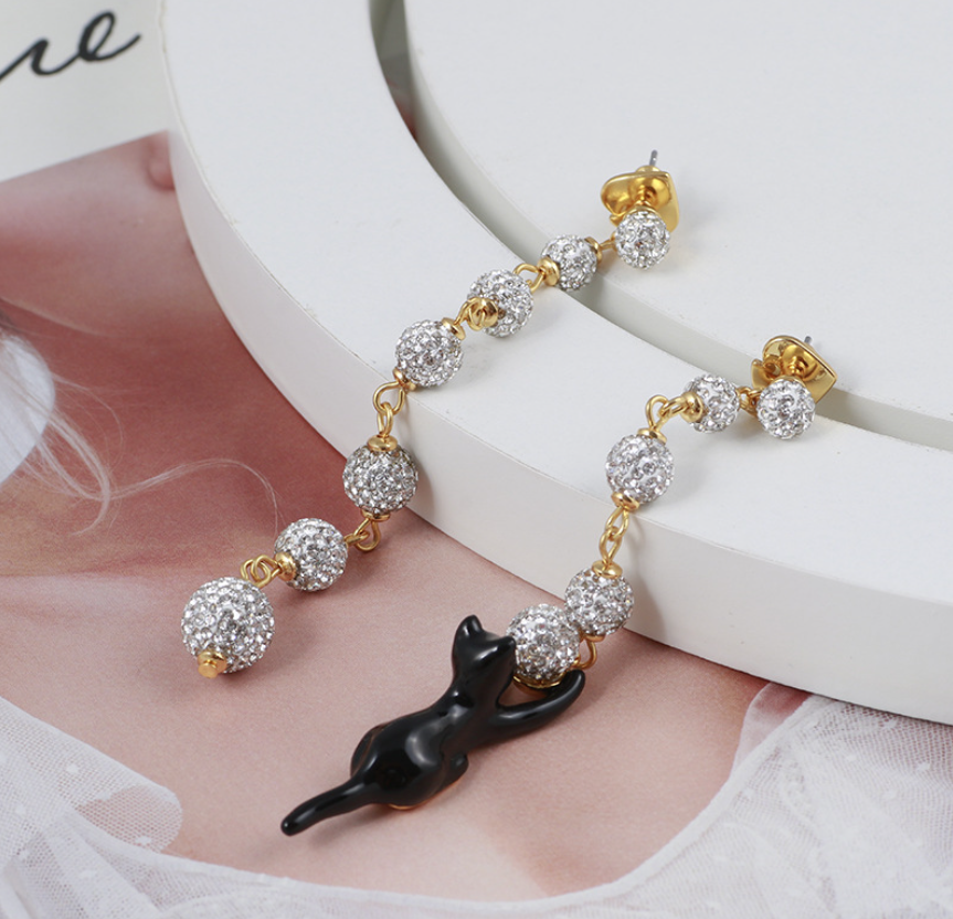 Cat and Diamond Balls Earrings