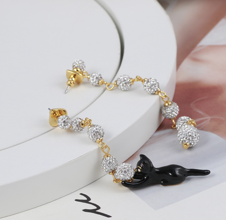 Cat and Diamond Balls Earrings