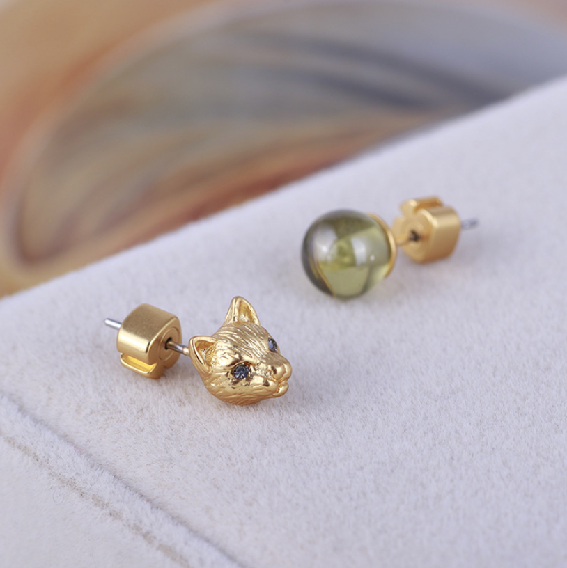 Gold Cat and Green Stone Stud Earrings