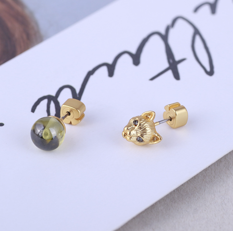 Gold Cat and Green Stone Stud Earrings