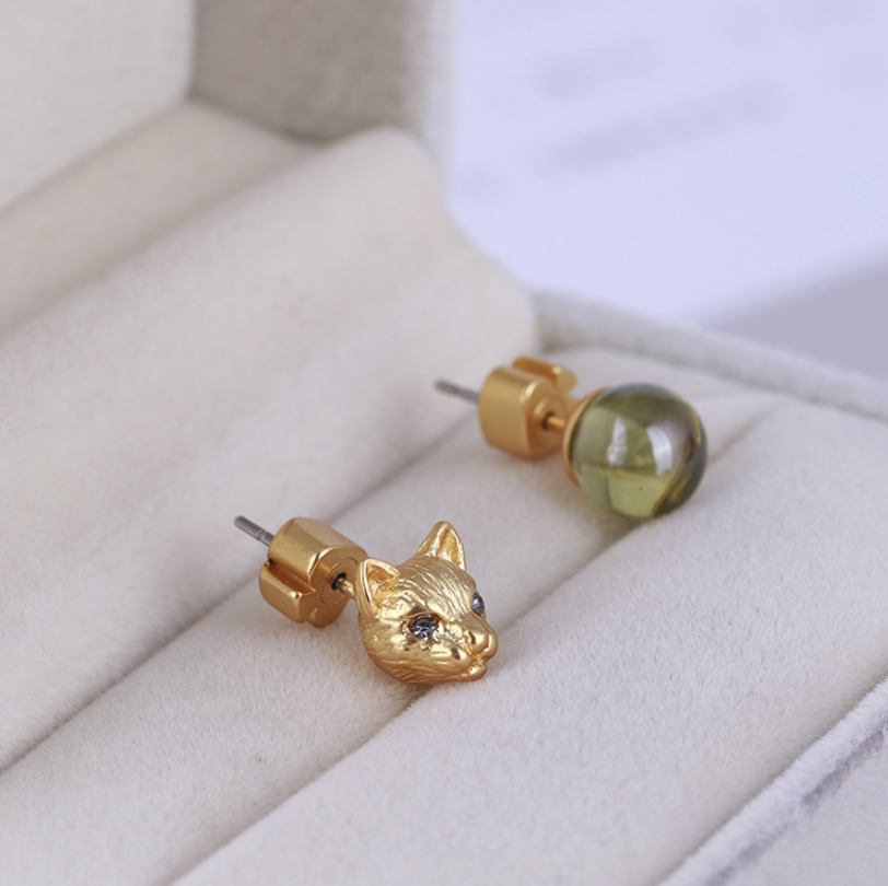 Gold Cat and Green Stone Stud Earrings