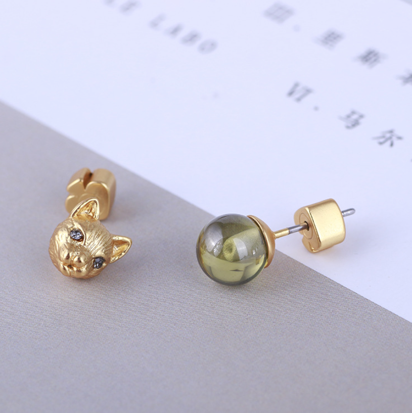 Gold Cat and Green Stone Stud Earrings