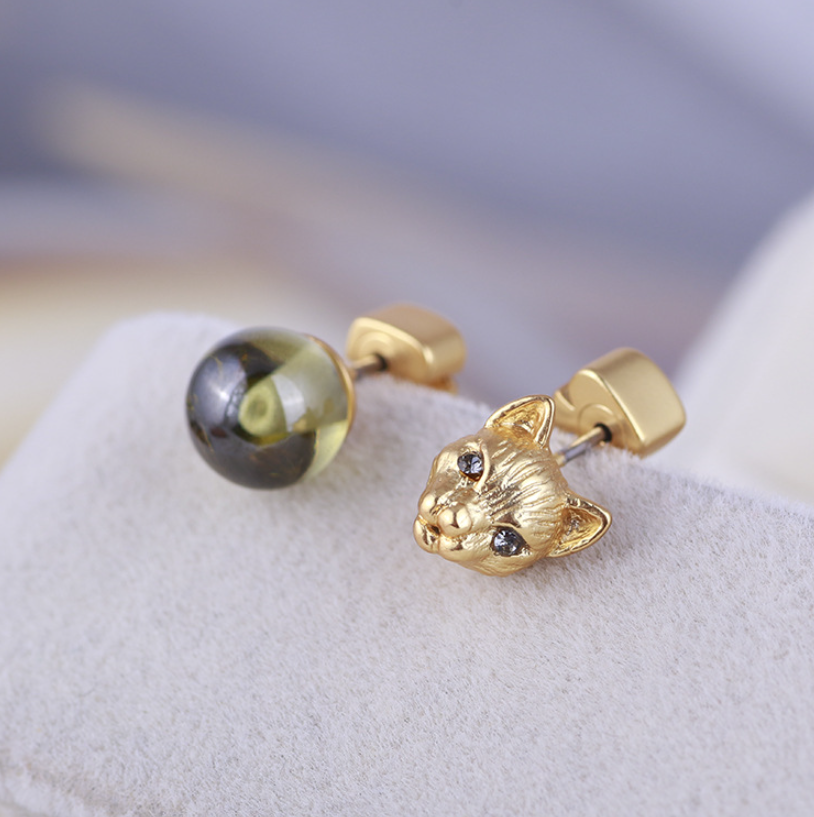 Gold Cat and Green Stone Stud Earrings