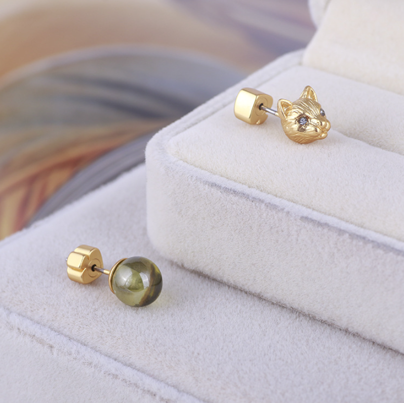 Gold Cat and Green Stone Stud Earrings