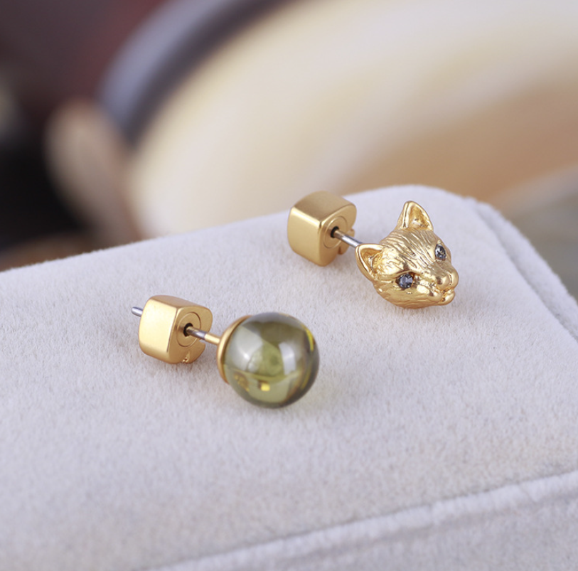 Gold Cat and Green Stone Stud Earrings