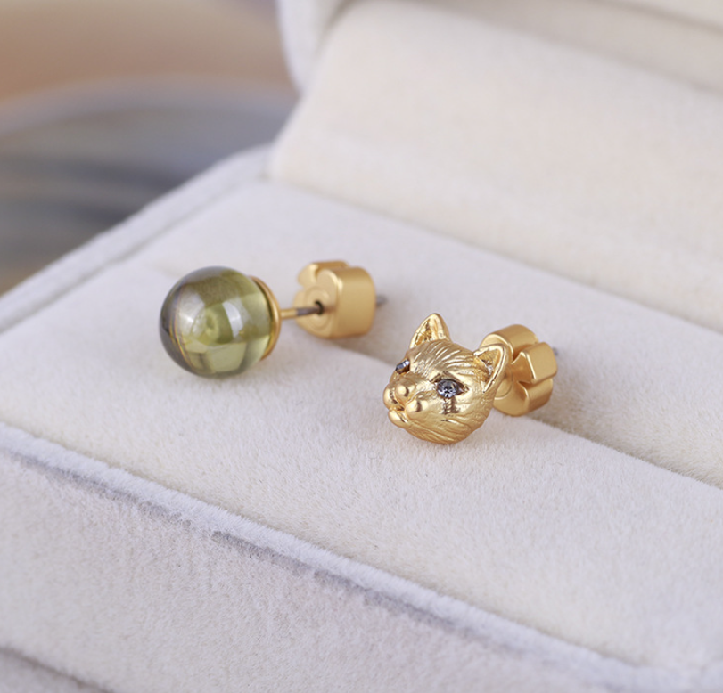 Gold Cat and Green Stone Stud Earrings