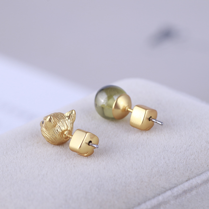 Gold Cat and Green Stone Stud Earrings