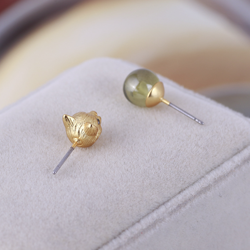 Gold Cat and Green Stone Stud Earrings