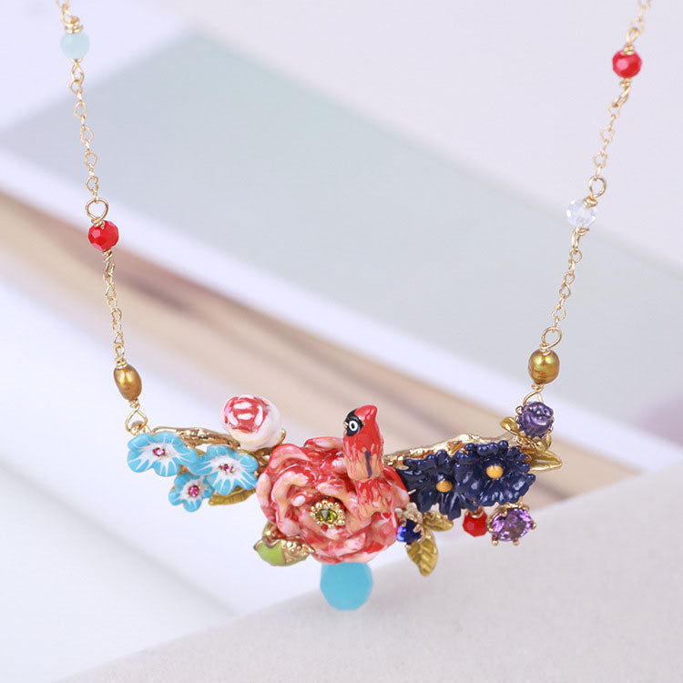 Little Bird on Flowers Necklace