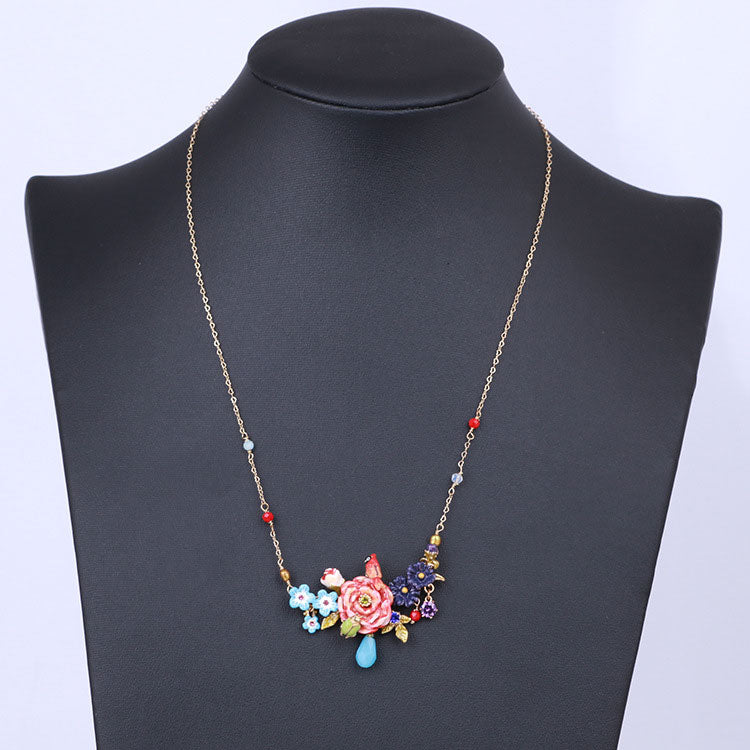 Little Bird on Flowers Necklace