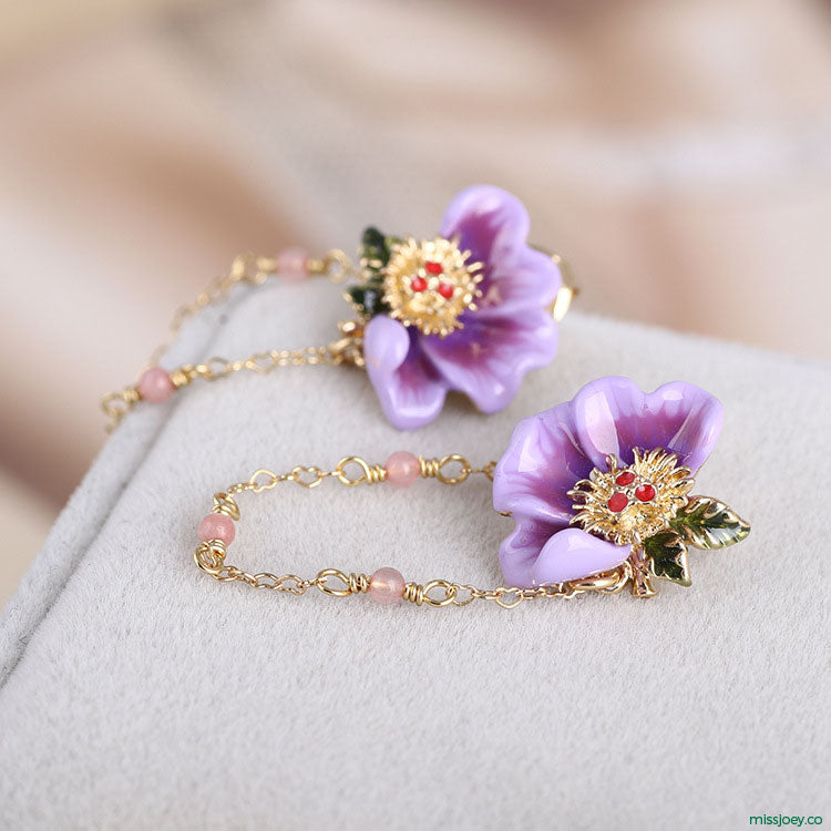 Purple Enamel Pansy Earrings with Chain 💜