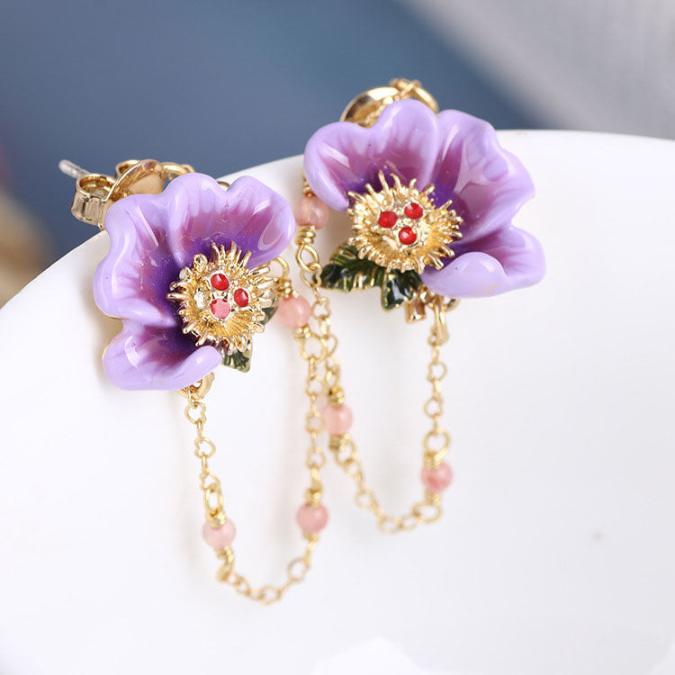 Purple Enamel Pansy Earrings with Chain 💜