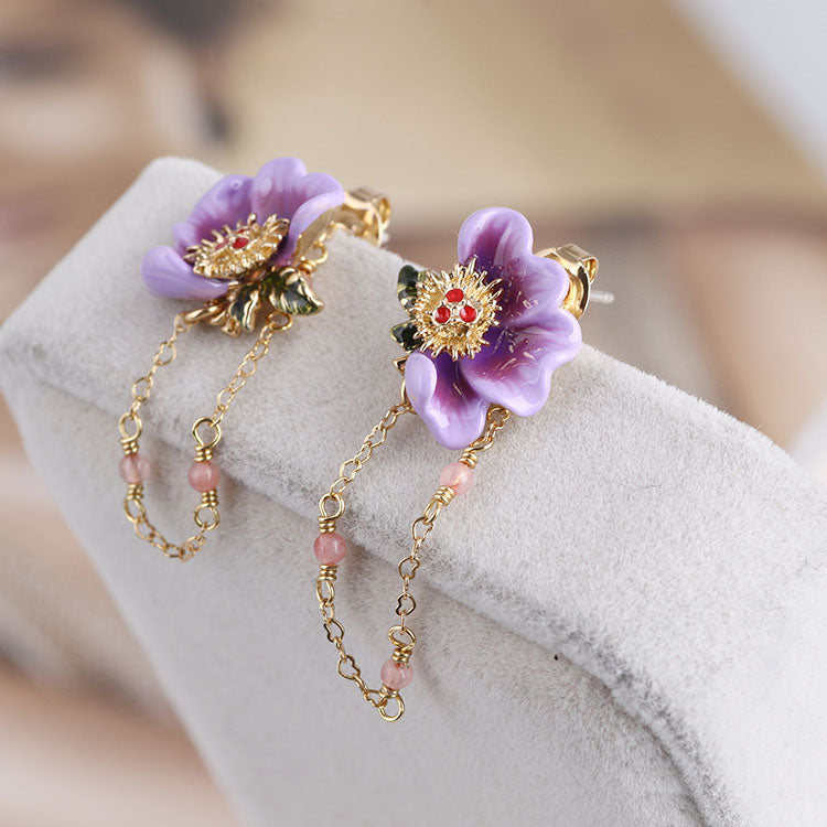 Purple Enamel Pansy Earrings with Chain 💜