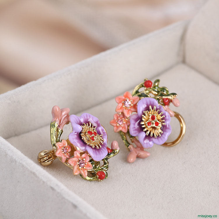 Purple Enamel Pansy Earrings with Pink Flowers 💜