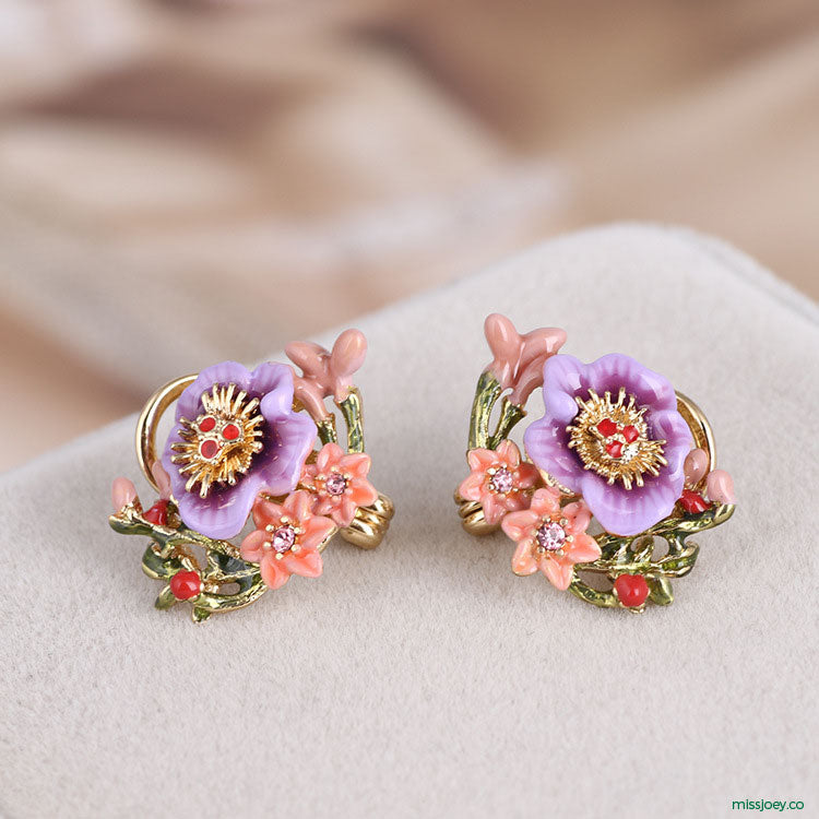 Purple Enamel Pansy Earrings with Pink Flowers 💜