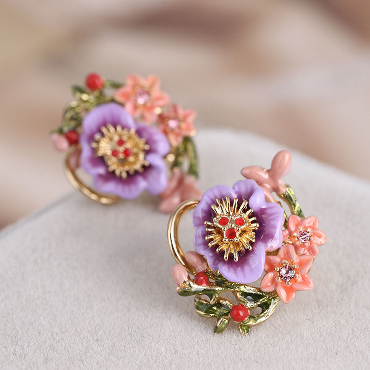 Purple Enamel Pansy Earrings with Pink Flowers 💜