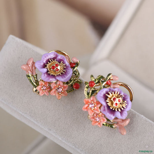 Purple Enamel Pansy Earrings with Pink Flowers 💜