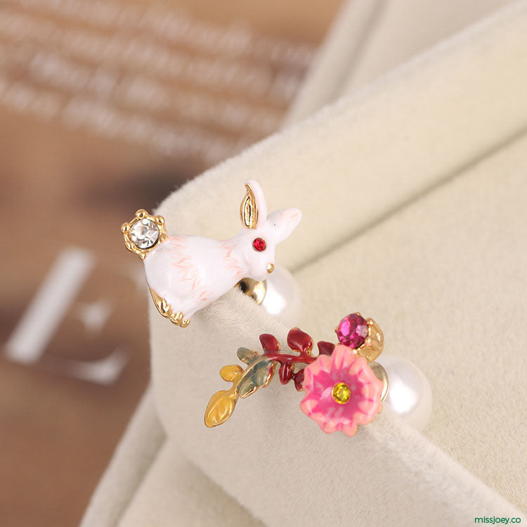 Rabbit Flower & Pearl Front Back Stud Earrings