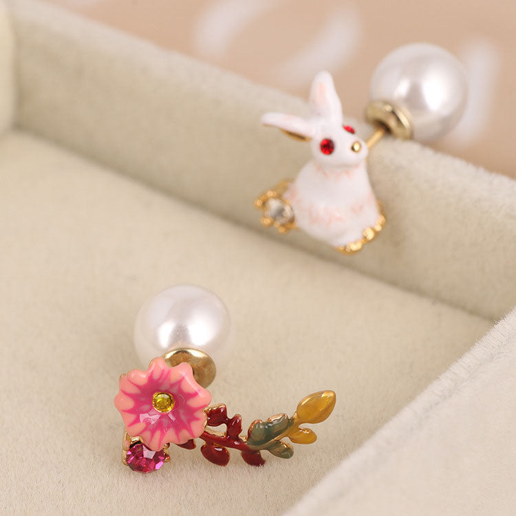 Rabbit Flower & Pearl Front Back Stud Earrings