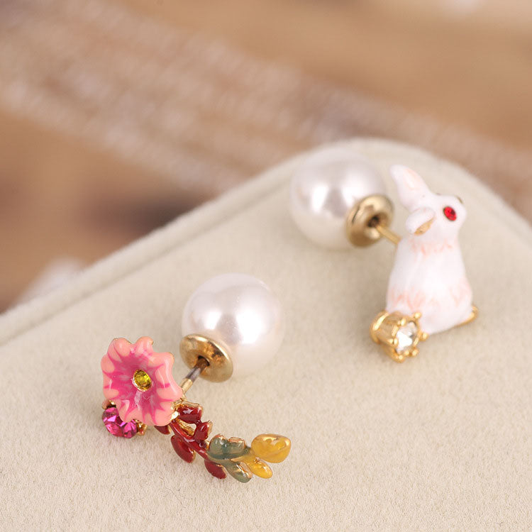 Rabbit Flower & Pearl Front Back Stud Earrings