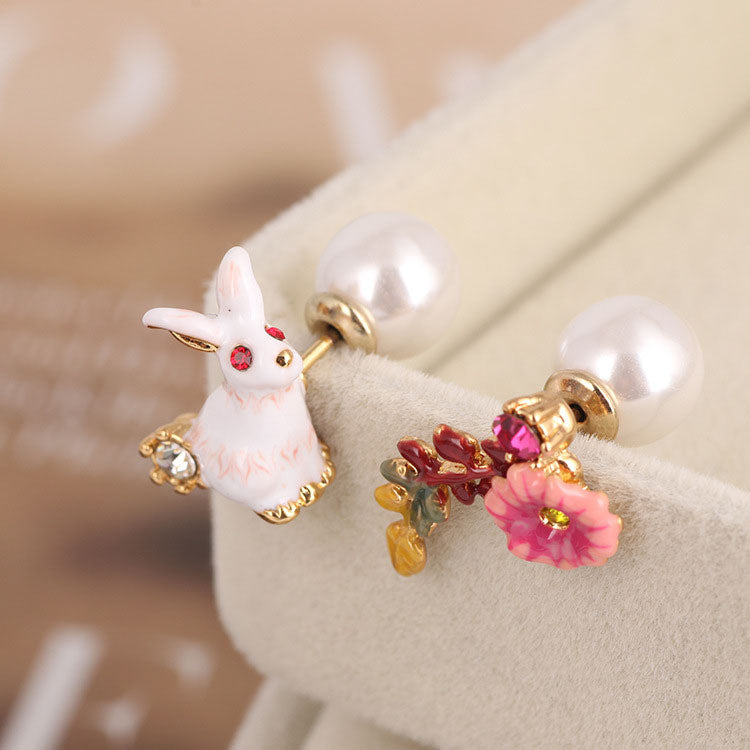 Rabbit Flower & Pearl Front Back Stud Earrings