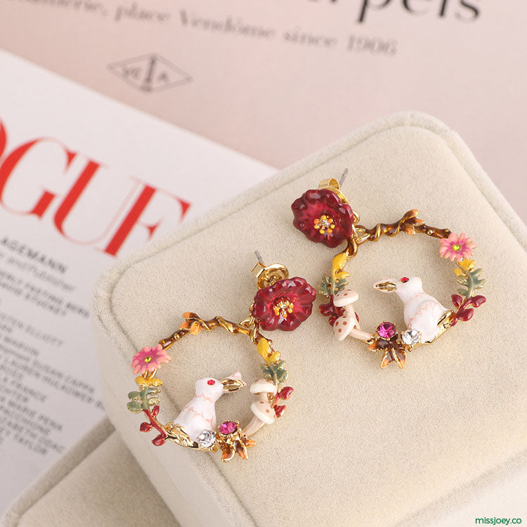 Rabbit on Flowered Branch Hoop Earrings