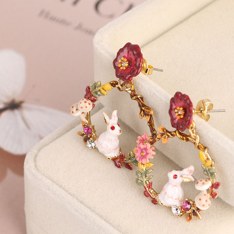 Rabbit on Flowered Branch Hoop Earrings