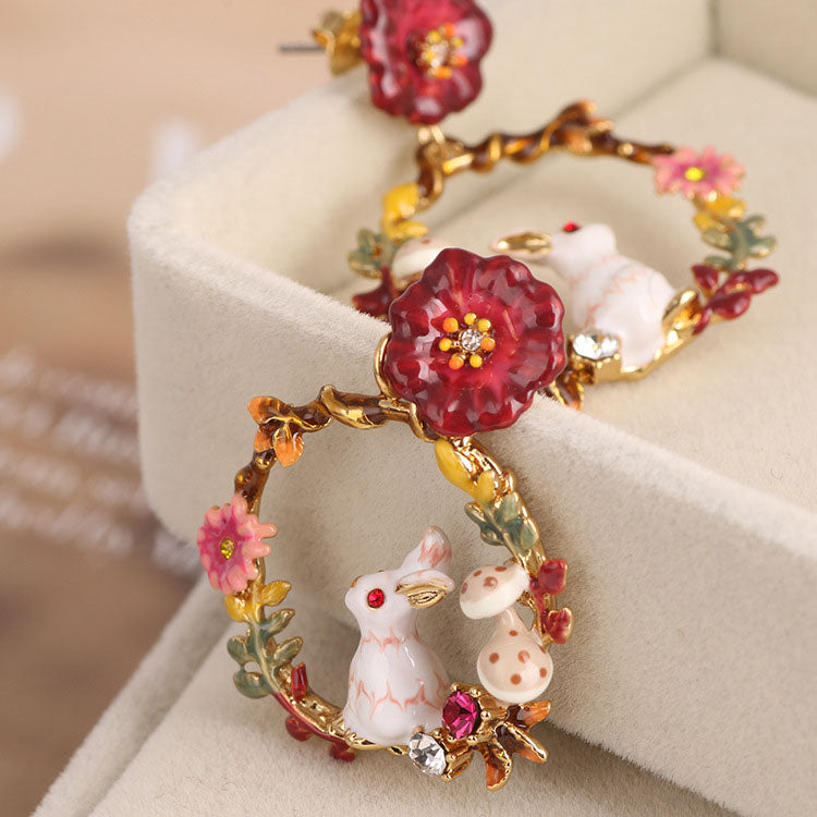 Rabbit on Flowered Branch Hoop Earrings