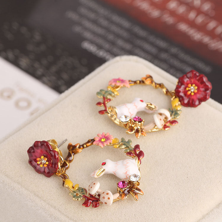 Rabbit on Flowered Branch Hoop Earrings