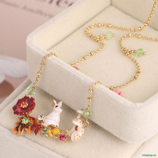 Rabbit on Flowered Branch Collar Necklace