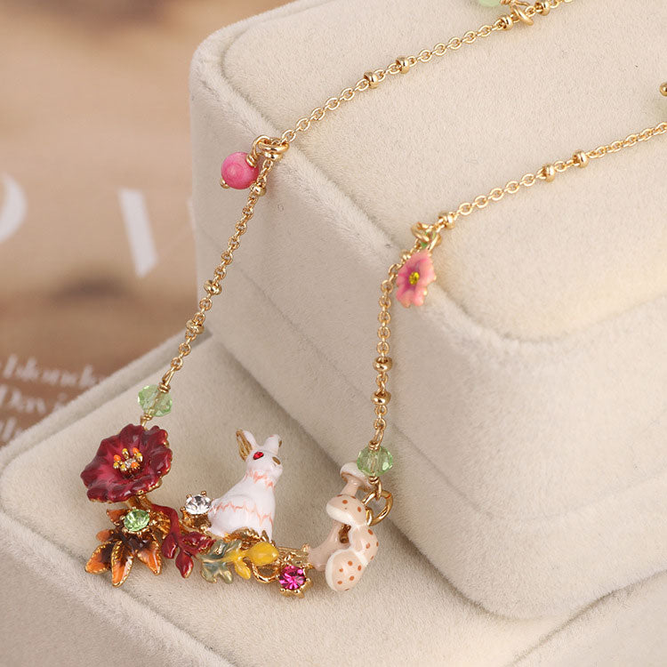 Rabbit on Flowered Branch Collar Necklace