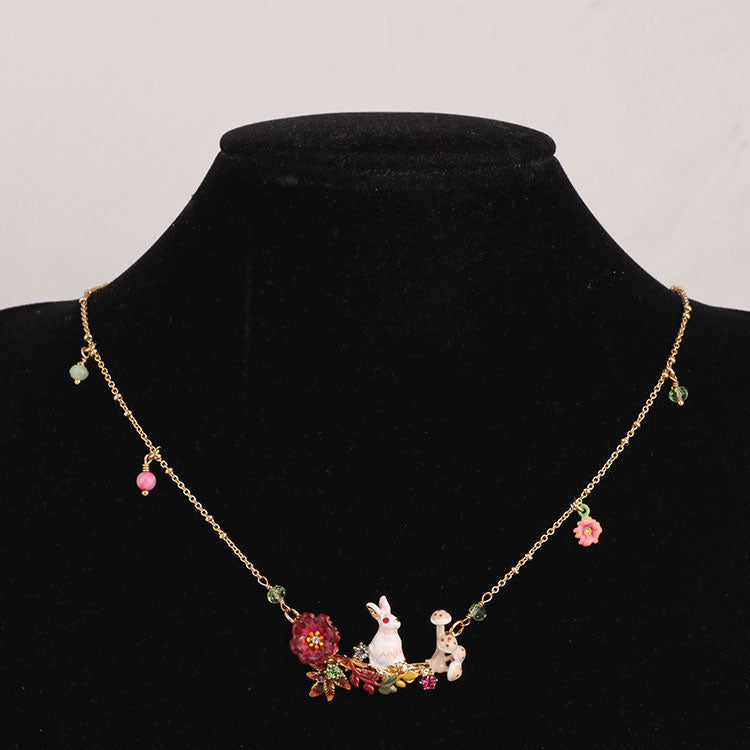 Rabbit on Flowered Branch Collar Necklace