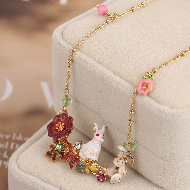 Rabbit on Flowered Branch Collar Necklace