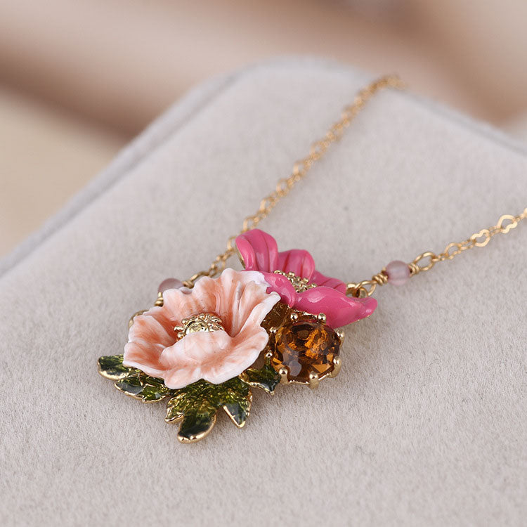 Enamel Peony Flower Necklace